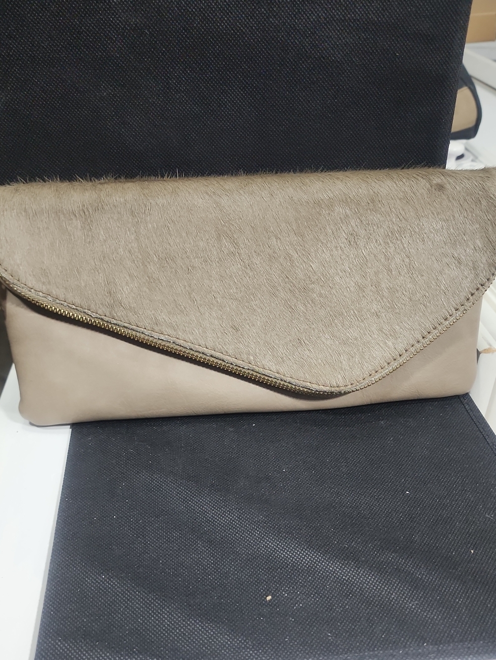 Taupe Fold-Over Faux Fur Envelope Clutch
